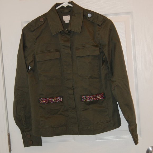 A New Day Women's Army Green Jacket W/ Decorative Beaded Pockets Size Small - Picture 1 of 15